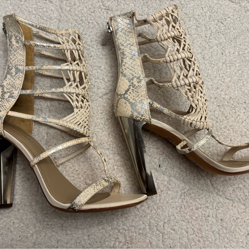 BCBG Cream and Silver Gladiator Heels with Stiletto